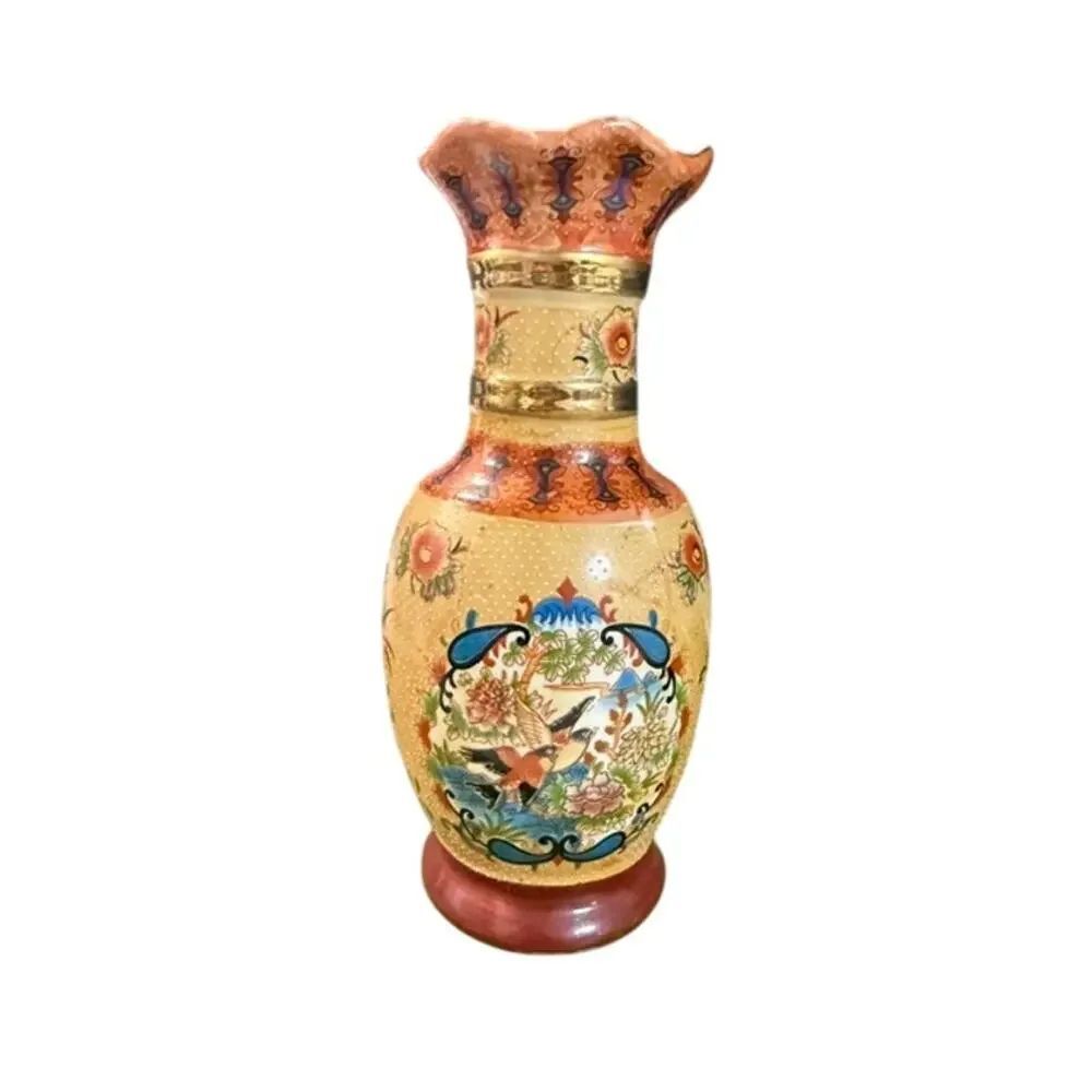 Vtg Porcelain Chinese Ruffled Edge Satsuma Style Vase 7" w/ Birds Japan